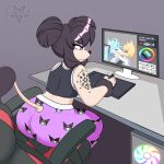 1:1 absurd_res alys_faiblesse_(zelripheth) anthro arm_tattoo arm_tuft big_breasts big_butt black_hair bottomwear breasts butt canid canine canis clothing computer desk domestic_dog drawing_tablet electronics female floppy_ears furniture gaming_chair hair hatsune_miku hi_res kuromi mammal neco-arc onegai_my_melody pajamas pants poodle print_bottomwear print_clothing print_pajamas print_pants purple_eyes rear_view sanrio shirt simple_background solo standard_poodle table tail tail_tuft tank_top tattoo topwear tsukihime tuft type-moon underwear_outline vocaloid wide_hips wrist_tuft zelripheth