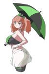  alternate_costume atlanta_(kancolle) black_gloves black_panties black_thighhighs breasts brown_hair checkered_clothes garrison_cap gloves green_hat grey_eyes hat kantai_collection large_breasts long_hair panties race_queen see-through_clothes see-through_skirt simple_background skirt tamu_(mad_works) thighhighs thong two-tone_tube_top two_side_up umbrella underwear white_background white_gloves white_skirt 