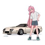  1girl artist_name blue_eyes car chevrolet chevrolet_camaro chevrolet_camaro_(3rd_generation) full_body grey_car grey_shirt grey_shoes grey_shorts highres leaning_to_the_side long_hair motor_vehicle original pink_hair shadow shirt shoes shorts sneakers solo sports_car vehicle_focus very_long_hair wexels white_background 