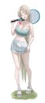  1girl absurdres ball bare_shoulders breasts brown_hair cleavage full_body highres holding holding_ball holding_tennis_racket laneigu large_breasts long_hair looking_at_viewer midriff navel open_mouth racket shoes simple_background skirt socks sports_bra standing stellive teeth tennis_ball tennis_racket upper_teeth_only very_long_hair white_background white_shoes white_skirt white_socks yuzu_(laneigu) 