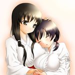  black_eyes black_hair blush breast_pillow breasts closed_eyes hand_on_another's_head holding_hands hug iwato_kasumi japanese_clothes jindai_komaki large_breasts light_smile long_hair miko multiple_girls onsoku_maru saki short_hair 