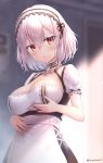  1girl anchor azur_lane bangs blurry blurry_background blush breast_lift breasts choker cleavage collarbone commentary_request dress eyebrows_visible_through_hair hair_between_eyes hairband head_tilt lace-trimmed_hairband large_breasts light_particles looking_at_viewer parted_lips puffy_sleeves red_eyes ribbon short_hair short_sleeves sidelocks sirius_(azur_lane) solo suya2mori2 white_hair 
