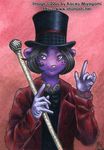  2006 ambiguous_gender anthro black_hair cane charlie_and_the_chocolate_factory clothed clothing feline fur gloves green_eyes hair hat jacket kacey male mammal plain_background purple_fur red_background shirt short_hair signature solo top_hat unknown_species web_address willy_wonka 