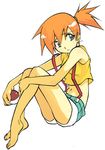  aqua_eyes artist_request barefoot crop_top full_body holding holding_poke_ball kasumi_(pokemon) looking_away lowres midriff navel orange_hair poke_ball pokemon pokemon_(anime) pokemon_(classic_anime) shorts side_ponytail simple_background sitting solo suspenders white_background 