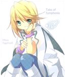  1boy blonde_hair blue_eyes boots bracelet capelet character_name copyright_name highres jewelry mithos_yggdrasill pants short_hair smile tales_of_(series) tales_of_symphonia title_drop 