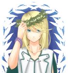  1boy blonde_hair blue_background blue_eyes bracelet capelet flower jewelry mithos_yggdrasill short_hair tales_of_(series) tales_of_symphonia 