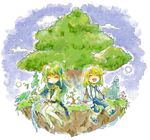  1boy 1girl bird blonde_hair bracelet brother_and_sister capelet cloud eyes_closed green_hair highres jewelry martel_yggdrasill mithos_yggdrasill open_mouth pants pantyhose shoes siblings smile staff tales_of_(series) tales_of_symphonia tree 