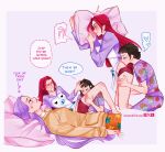  3girls anger_vein artist_name bare_legs closed_eyes commentary english_commentary english_text heart highres hood hoodie joannevixxon kissing_back kissing_thigh kpop_demon_hunters long_hair mira_(kpop_demon_hunters) multiple_girls open_mouth pajamas panties pants pillow purple_hair purple_pants purple_shirt red_hair red_panties rumi_(kpop_demon_hunters) shirt speech_bubble spoken_heart underwear yellow_hoodie yuri zoey_(kpop_demon_hunters) 