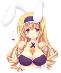  animal_ears bare_shoulders between_breasts blonde_hair blue_eyes blush breast_lift breasts bunny_ears bunny_girl bunnysuit carrot cecilia_alcott cleavage crossed_arms detached_collar hairband heart infinite_stratos large_breasts long_hair miyata_(miyatami07) open_mouth purple_hairband solo white_background wrist_cuffs 