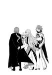  boots cape capelet eyes_closed highres kratos_aurion long_hair martel_yggdrasill mithos_yggdrasill monochrome open_mouth pants pantyhose shoes short_hair sword tales_of_(series) tales_of_symphonia weapon yuan_ka-fai 