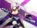  ai_(warekaku) breasts cleavage dual_wielding fingerless_gloves gloves gun holding large_breasts long_hair phantasy_star phantasy_star_portable_2_infinity ponytail purple_eyes smile solo thighhighs trigger_discipline weapon white_hair 