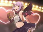  :d armpits black_legwear blush chain cleavage_cutout collar cuffs elbow_gloves garter_straps gloves hair_ornament heart heart_cutout hitoto idolmaster idolmaster_cinderella_girls koshimizu_sachiko looking_at_viewer microphone midriff navel open_mouth purple_hair short_hair skirt smile solo sweat thighhighs wings yellow_eyes 