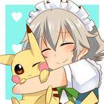  blush braid closed_eyes gen_1_pokemon hug izayoi_sakuya maid_headdress ochazuke pikachu pokemon pokemon_(creature) short_hair silver_hair smile touhou 