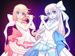  1boy 1girl bare_shoulders belt blonde_hair blue_eyes breasts choker colette_brunel collet_brunel cosplay jewelry long_hair microphone midriff mithos_yggdrasill navel necklace open_mouth short_hair skirt tales_of_(series) tales_of_symphonia thighhighs trap 