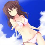  bikini blush breasts brown_hair cleavage cloud day earrings foreshortening front-tie_top green_eyes jewelry kokumu kujikawa_rise long_hair medium_breasts navel ocean one_eye_closed outstretched_arm persona persona_4 side-tie_bikini skindentation sky smile swimsuit twintails two_side_up 