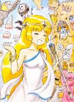  2girls bat_(animal) bird black_hair blonde_hair blue_sky bracelet breasts circlet dinosaur dress druaga_no_tou eagle elbow_gloves gloves gold_bracelet gold_circlet hands_up heika_(heikahp) holding holding_staff ishtar_(druaga_no_tou) jewelry ki_(druaga) lion long_hair medium_breasts mimic mimic_chest monster multiple_bracelets multiple_girls necklace open_mouth orange_gloves orange_thighhighs rock single_strap sky slime_(creature) smile staff thighhighs tight_clothes tight_dress tower traditional_media treasure_chest very_long_hair white_dress yeti_(creature) 