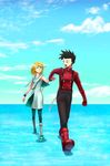  2boys black_hair blonde_hair blue_eyes boots bracelet brown_eyes capelet cloud gloves jewelry lloyd_irving mithos_yggdrasill multiple_boys open_mouth pants short_hair tales_of_(series) tales_of_symphonia water 