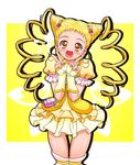  blonde_hair bug butterfly cure_lemonade drill_hair fingerless_gloves flower frilled_sleeves frills gloves hair_flower hair_ornament insect kasugano_urara_(yes!_precure_5) kousaka_jun long_hair looking_at_viewer miniskirt open_mouth pouch precure puffy_sleeves skirt smile solo twin_drills twintails v yellow yellow_eyes yellow_skirt yes!_precure_5 yes!_precure_5_gogo! 