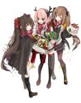  3girls :d :q antlers aran_sweater bangs black_cloak black_footwear black_jacket black_skirt blurry boots box brown_eyes brown_hair brown_legwear cake closed_mouth commentary_request cross-laced_footwear food full_body gift gift_box girls_frontline hair_ornament hairclip highres holding holding_plate jacket knee_boots long_hair long_sleeves looking_at_viewer m4_sopmod_ii_(girls_frontline) mid_(gameshe) miniskirt multicolored_hair multiple_girls one_eye_closed open_clothes open_jacket open_mouth pantyhose pink_hair plate pleated_skirt qbz-97_(girls_frontline) red_eyes red_hair red_scarf reindeer_antlers scarf sidelocks simple_background skirt smile standing star streaked_hair sweater thigh_boots thighhighs tongue tongue_out twintails ump9_(girls_frontline) very_long_hair white_background white_sweater 