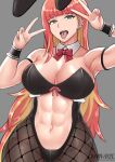  1girl abs abs_cutout armpits bare_shoulders black_leotard black_pantyhose black_wrist_cuffs blunt_bangs bow bowtie breasts bunny_day cleavage collar colored_inner_hair cowboy_shot detached_collar double_v ear_piercing fishnet_pantyhose fishnets green_eyes grey_background hands_up hashtag-only_commentary highres large_breasts leotard long_hair looking_at_viewer masamune_oekaki multicolored_hair muscular muscular_female navel open_mouth original pantyhose piercing playboy_bunny red_bow red_bowtie red_hair simple_background solo stomach strapless strapless_leotard tongue tongue_out tongue_piercing v white_collar wrist_cuffs 