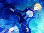  afloat ahoge alternate_hairstyle artoria_pendragon_(all) ayu_(auko2010) bad_id bad_pixiv_id blonde_hair blue_dress braid closed_eyes corset dress fate/zero fate_(series) hair_down juliet_sleeves long_hair long_sleeves lying on_back parted_lips partially_submerged puffy_sleeves saber solo water 