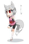  animal_ears bike_shorts chibi fox_ears fox_tail highres japanese_clothes kimono kitsune_(mon-musu_quest!) licking_lips mon-musu_quest! monster_girl multiple_tails rai_(sakuranbo_sugar) red_eyes sandals short_hair short_kimono silver_hair simple_background smile solo tail tongue tongue_out white_background 