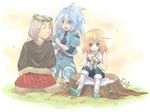  1girl 2boys bare_shoulders blonde_hair blue_eyes blue_hair boots bracelet capelet eyes_closed flower genis_sage genius_sage grey_hair jewelry marble_(tales_of_symphonia) mithos_yggdrasill multiple_boys open_mouth pants short_hair smile tales_of_(series) tales_of_symphonia 