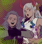  2girls breasts clenched_hand club_(weapon) commentary_request crossover dorohedoro earrings highres hoop_earrings horns japanese_clothes jewelry long_hair multicolored_horns multiple_girls multiple_piercings noi_(dorohedoro) one_piece oni open_mouth partial_commentary ponytail raised_eyebrow sideboob tsunotaro14_k weapon yamato_(one_piece) 