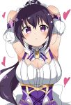  1girl :&lt; armor armpits arms_up blush breasts cleavage commentary_request gochuumon_wa_usagi_desu_ka? hair_ornament heart highres kirara_fantasia large_breasts liyocafe looking_at_viewer ponytail purple_eyes purple_hair ribbon simple_background solo sweat tedeza_rize white_background 