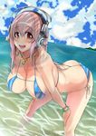  bare_shoulders bent_over bikini blue_sky blush bracelet breasts butt_crack cloud day headphones highres jewelry large_breasts long_hair navel necklace nitroplus niu_ju_(orange_bull) ocean pink_hair red_eyes side-tie_bikini sky solo super_sonico swimsuit 