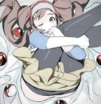  bad_id bad_pixiv_id bed_sheet black_legwear blue_eyes brown_hair double_bun highres knees_on_chest leg_hold legs_up long_hair looking_at_viewer lying mei_(pokemon) muted_color no_panties on_back one_eye_closed pantyhose pantyhose_pull poke_ball pokemon pokemon_(game) pokemon_bw2 raglan_sleeves shorts shorts_pull solo tokiya twintails visor_cap 