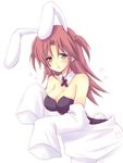  animal_ears bare_shoulders blush breasts brown_hair bunny_ears bunny_girl bunny_tail bunnysuit cleavage detached_collar dressing green_eyes hair_ornament infinite_stratos large_breasts leotard long_hair miyata_(miyatami07) nohotoke_honne open_mouth sleeves_past_fingers sleeves_past_wrists solo tail two_side_up white_background 