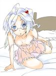  ahoge arm_support bad_id bad_pixiv_id bakenekomata bed bespectacled blue_eyes chemise downblouse glasses hair_bobbles hair_ornament panties panty_pull shinki side_ponytail silver_hair sketch solo strap_slip touhou touhou_(pc-98) underwear 