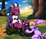  blue_eyes bondage bound digimon eyes_closed forest gazimon guilmon hindpaw kinglom paws red_eyes scalie sunset tickling tickling_feet tree veemon wood 