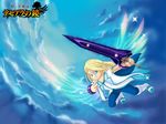 1boy blonde_hair blue_eyes boots bracelet capelet cloud jewelry kid_icarus long_hair male male_focus mithos_yggdrasill pants parody solo sword tales_of_(series) tales_of_symphonia weapon wings 