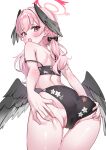  1girl absurdres ass bikini black_bikini black_wings blue_archive blush floral_print halo head_wings highres koharu_(blue_archive) koharu_(swimsuit)_(blue_archive) looking_at_viewer looking_back low_wings official_alternate_costume open_mouth pink_eyes pink_hair print_bikini simple_background solo swimsuit twintails wfa5051 white_background wings 