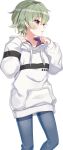  1girl :o blue_pants breasts cowboy_shot cue! denim green_hair hair_between_eyes hands_up hood hood_down hoodie kano_shiho long_sleeves official_art open_mouth pants red_eyes shirako_miso short_hair sidelocks simple_background small_breasts solo standing tachi-e transparent_background tsurime wavy_hair white_hood white_hoodie 
