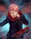  1boy commentary_request covering_one_eye facial_mark fingernails highres hood hoodie itadori_yuuji jujutsu_kaisen jujutsu_tech_uniform long_fingernails looking_at_viewer male_focus official_art pink_hair pisuke red_hoodie short_hair smile solo tongue tongue_out upper_body 