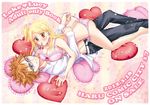  1boy 1girl artist_request ass bare_shoulders belt black_pants blonde_hair blush bow bra breasts brown_eyes butt_crack cherry cleavage dress_shirt english fairy_tail feet flower food frills fruit girl_on_top glasses green_eyes heart heart_pillow lace large_breasts loke_(fairy_tail) looking_at_viewer lucy_heartfilia navel orange_hair panties pants pillow pink pink_panties ponytail ribbon shirt sparkle spiked_hair striped tattoo thighs underwear undressing white_shirt wink 