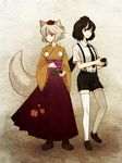  alternate_costume animal_ears bad_id bad_pixiv_id black_hair boots camera grey_hair hakama hat inubashiri_momiji japanese_clothes kimono meiji_schoolgirl_uniform multiple_girls necktie notepad red_eyes red_hakama revision shameimaru_aya shirt shoes short_hair shorts silver_hair smile suspenders tail thighhighs tokin_hat touhou urin white_legwear white_shirt wolf_ears wolf_tail yagasuri 