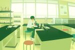  1boy animal_skeleton black_hair black_pants desk highres indoors laboratory male_focus microscope on_stool original pants plant poster_(object) potted_plant school shelf shirt shoes short_hair sitting solo stool taizo_(taizo_03) vial white_shirt white_shoes window 