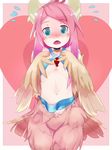  bad_id bad_pixiv_id blue_eyes blush breasts feathered_wings feathers flying_sweatdrops harpy harpy_(mon-musu_quest!) jewelry k20 looking_at_viewer midriff mon-musu_quest! monster_girl navel neck_ring open_mouth pink_hair small_breasts solo wings 