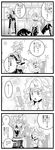  1girl 4koma ahoge blush bow braid chair cheken choker closed_eyes collarbone comic curiosities_of_lotus_asia dress eating food glasses greyscale hat hat_bow hat_removed headwear_removed high_collar highres holding ice_cream indoors kirisame_marisa long_hair long_sleeves looking_at_another messy_hair monochrome morichika_rinnosuke musical_note open_mouth pouch puffy_short_sleeves puffy_sleeves semi-rimless_eyewear short_hair short_sleeves side_braid single_braid sitting speech_bubble standing sweatdrop touhou translated witch_hat 