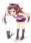  backpack bag bandages blush brown_hair camisole cat fang gotou_hisashi kneehighs leaning_forward long_hair multiple_tails original purple_eyes randoseru solo tail twintails v 