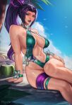  1girl absurdres breasts cleavage hair_ribbon highres large_breasts long_hair looking_at_viewer marvel marvel_rivals official_alternate_costume one-piece_swimsuit partially_submerged ponytail psylocke psylocke_(breezy_butterfly) purple_hair rgate ribbon smile solo swimsuit water x-men 