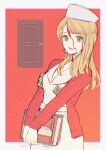  1girl armband blonde_hair blood blood_from_forehead blood_on_face book border breasts cleavage cow door dress earrings green_armband green_eyes hat holding holding_book jacket jewelry lisa_garland long_hair looking_at_viewer medium_breasts nurse nurse_cap oisiso open_mouth red_background red_jacket silent_hill_(series) silent_hill_1 smile solo swept_bangs v_arms white_border white_dress 