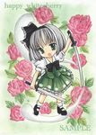  arm_up artist_name bobby_socks chibi colored_pencil_(medium) dress_shirt dual_wielding floral_background flower flying_sweatdrops green_eyes hair_ribbon happy_whitecherry hitodama holding katana konpaku_youmu konpaku_youmu_(ghost) leaf looking_at_viewer marker_(medium) mary_janes open_mouth pastel_(medium) puffy_sleeves red_flower red_rose ribbon rose sample shirt shoes short_hair short_sleeves skirt socks solo standing_on_object sword touhou traditional_media vest wakizashi weapon white_hair 