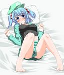  bad_id bad_pixiv_id bare_legs barefoot blue_hair blush breasts crop_top hair_bobbles hair_ornament hat highres iwanori jacket kawashiro_nitori legs lying medium_breasts midriff navel on_back open_clothes open_jacket panties pillow shirt short_twintails smile solo taut_clothes taut_shirt touhou twintails two_side_up underwear white_panties 