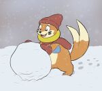  beanie brown_fur brown_gloves brown_hat brown_scarf buizel clothed_pokemon gloves hat highres no_humans open_mouth pokemon pokemon_(creature) scarf snow snowball solo two-tone_fur zriartz 