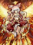  alternate_costume bandages bird bow cigarette fire fujiwara_no_mokou hair_bow highres long_hair pants phoenix ruukii_drift sarashi sitting sleeveless smoking solo tattoo torn_clothes touhou vest 